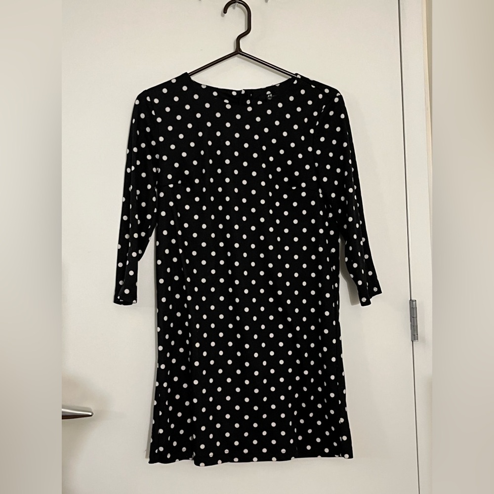H&M Black and Cream Long Sleeve Polka Dotted Dress, Size S 🔴CLEARANCE🔴